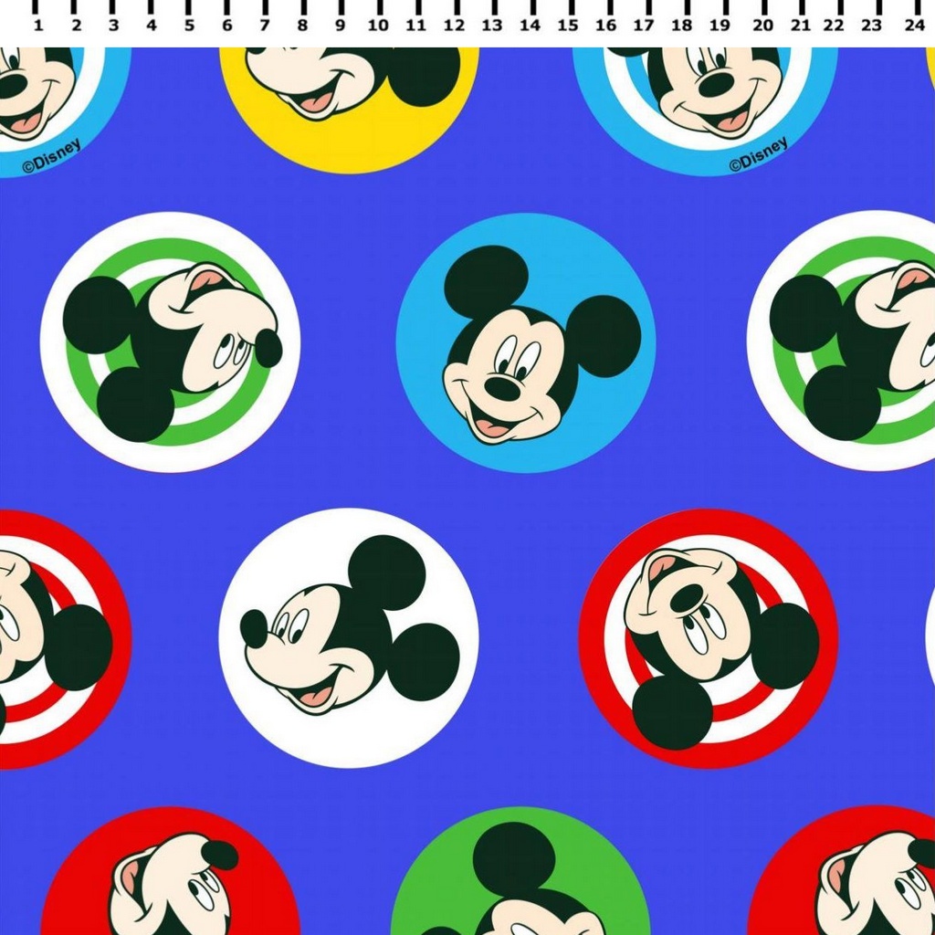 Tecido Tricoline Mickey Mouse em Círculos - Disney - Fundo Azul 