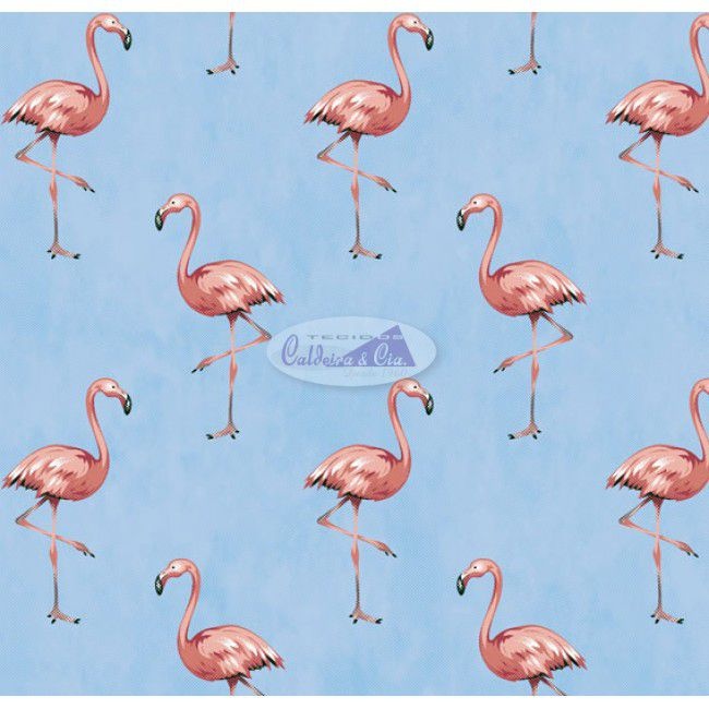 Tecido Tricoline com Estampa de Flamingo - Fundo Azul - Coleção Sweet Dreams