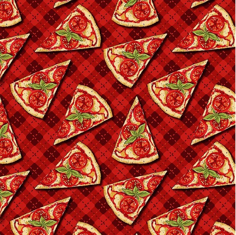 Tecido Tricoline Digital Mini Pizza - Fundo Xadrez Vermelho - Coleção Chef