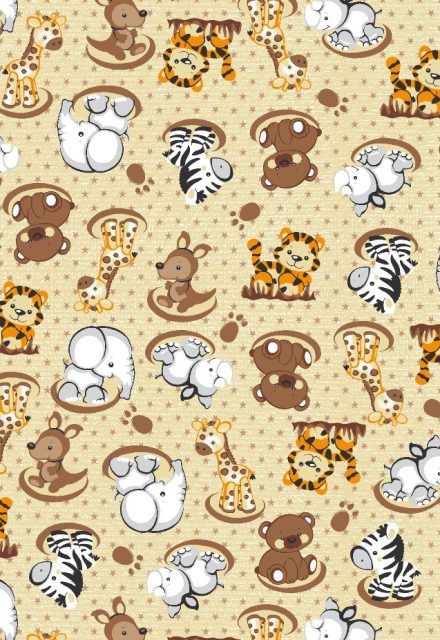 Tecido Tricoline Estampa Animais Bebês: Girafa,Tigre, Elefante, Zebra, Urso, Rinoceronte e Canguru - Fundo Creme 