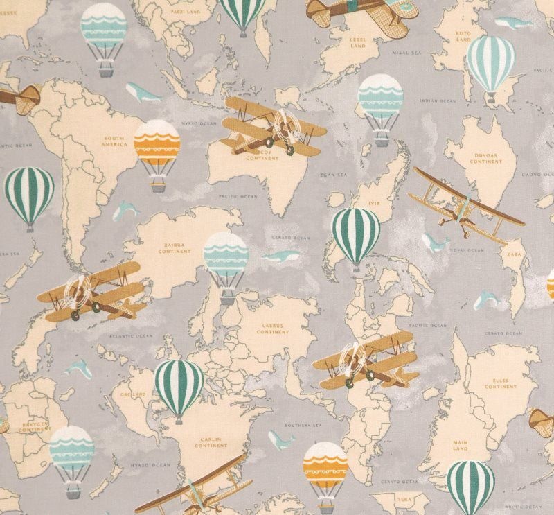 Tecido Tricoline Mapas, Aviões e Balões