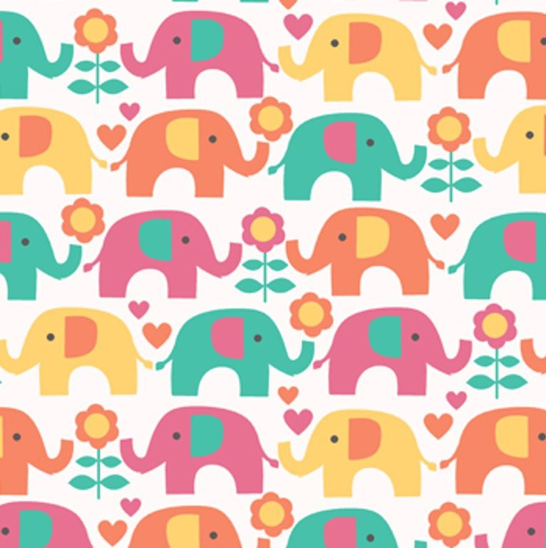 Tecido Tricoline Elefante Colorido - Fundo Creme - Coleção Passo do Elefantinho 