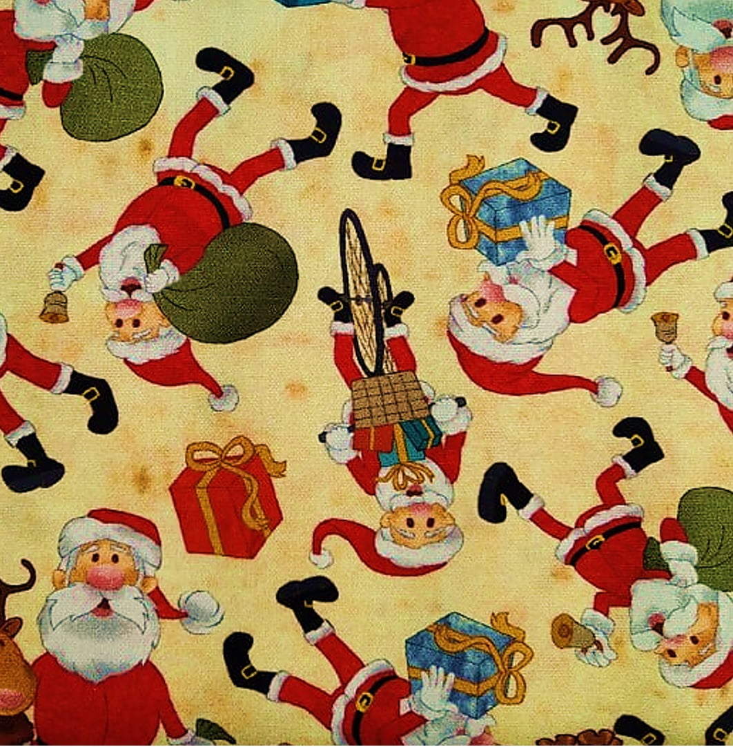 Tecido Tricoline Digital Papai Noel e Presentes - Fundo Creme - Coleção de Natal 