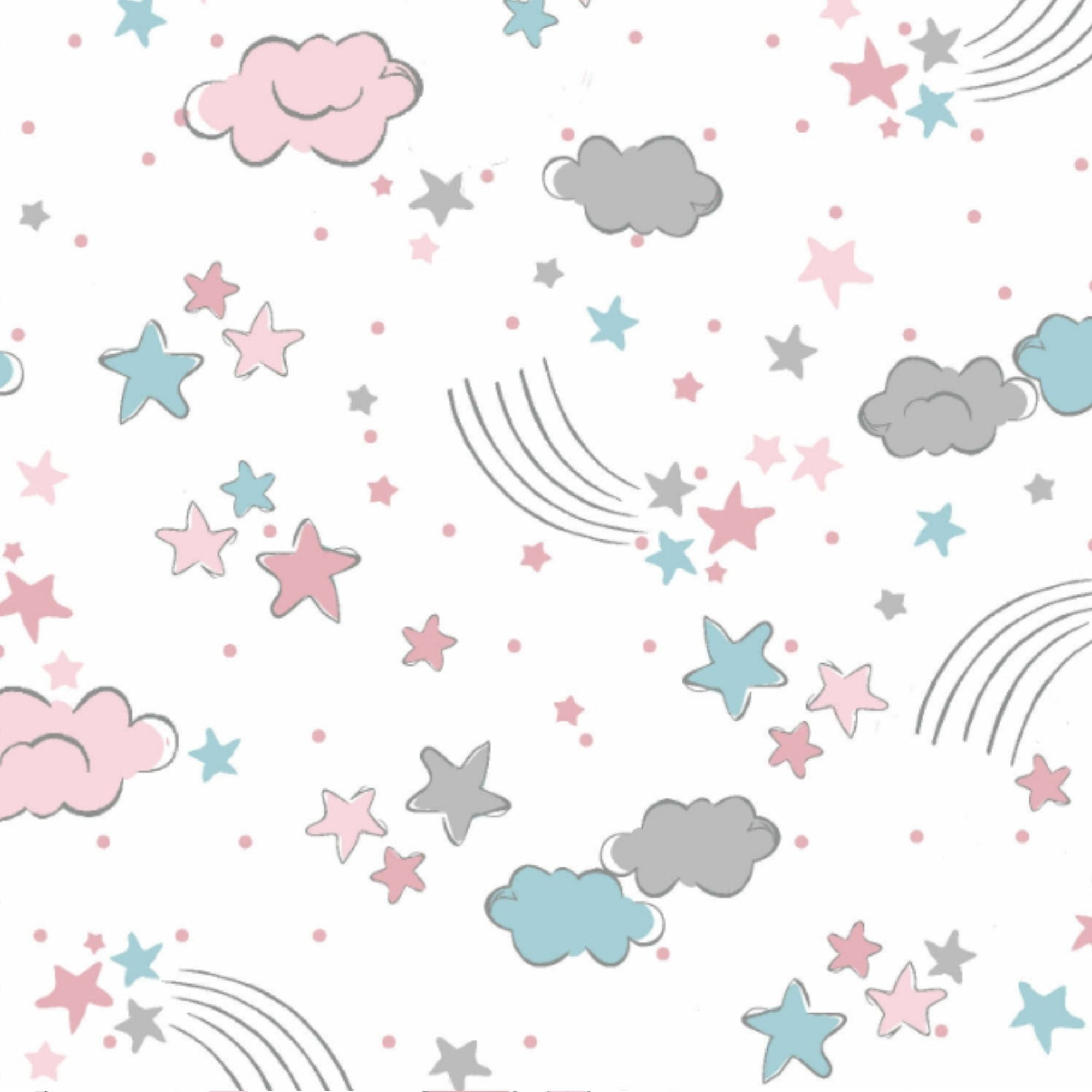 Tecido Tricoline Estrelas e Nuvens Rosa e Azul - Fundo Branco - Coleção Sonhos