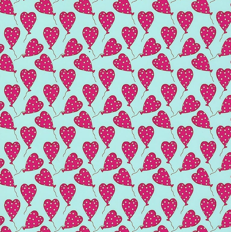 Tecido Tricoline Balões de Corações Pink - Fundo Jade - Coleção Sonho e Magia  