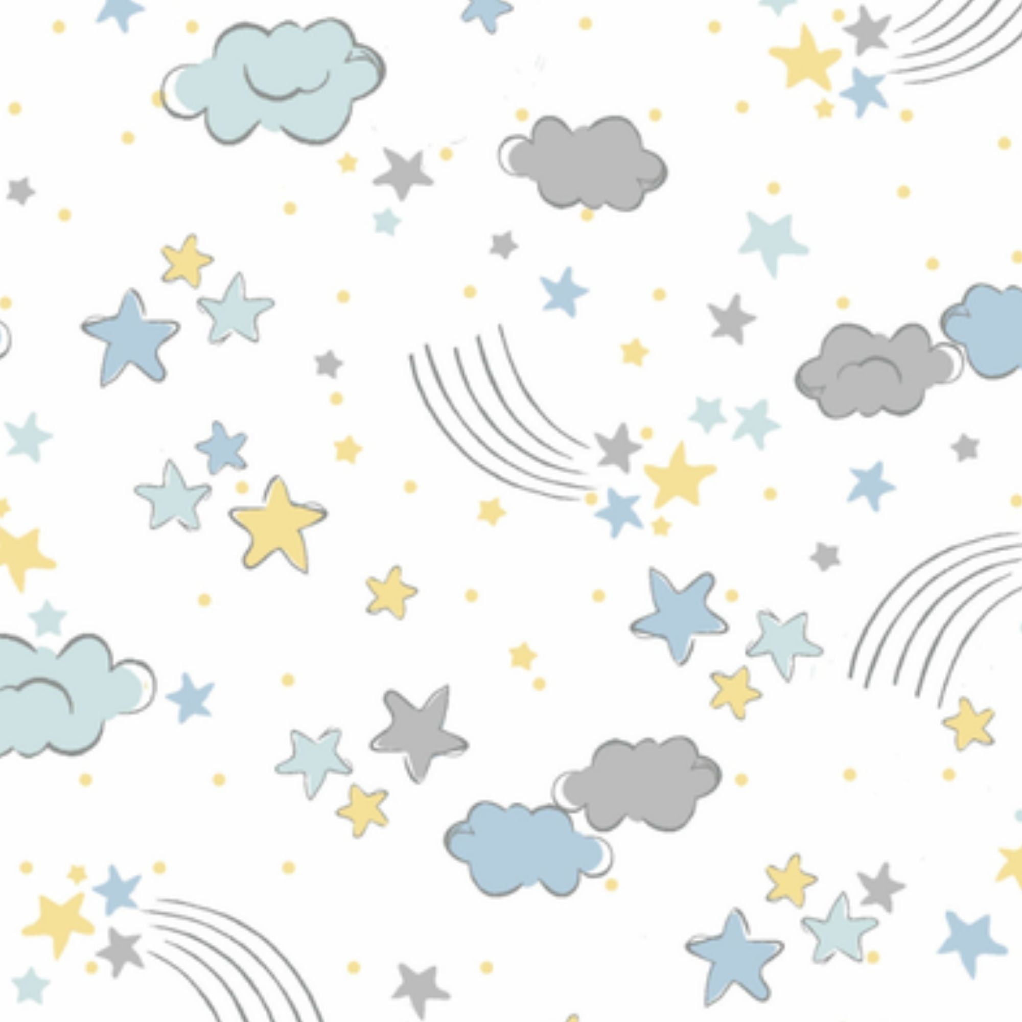 Tecido Tricoline Estrelas e Nuvens Amarelo e Azul - Fundo Branco - Coleção Sonhos 