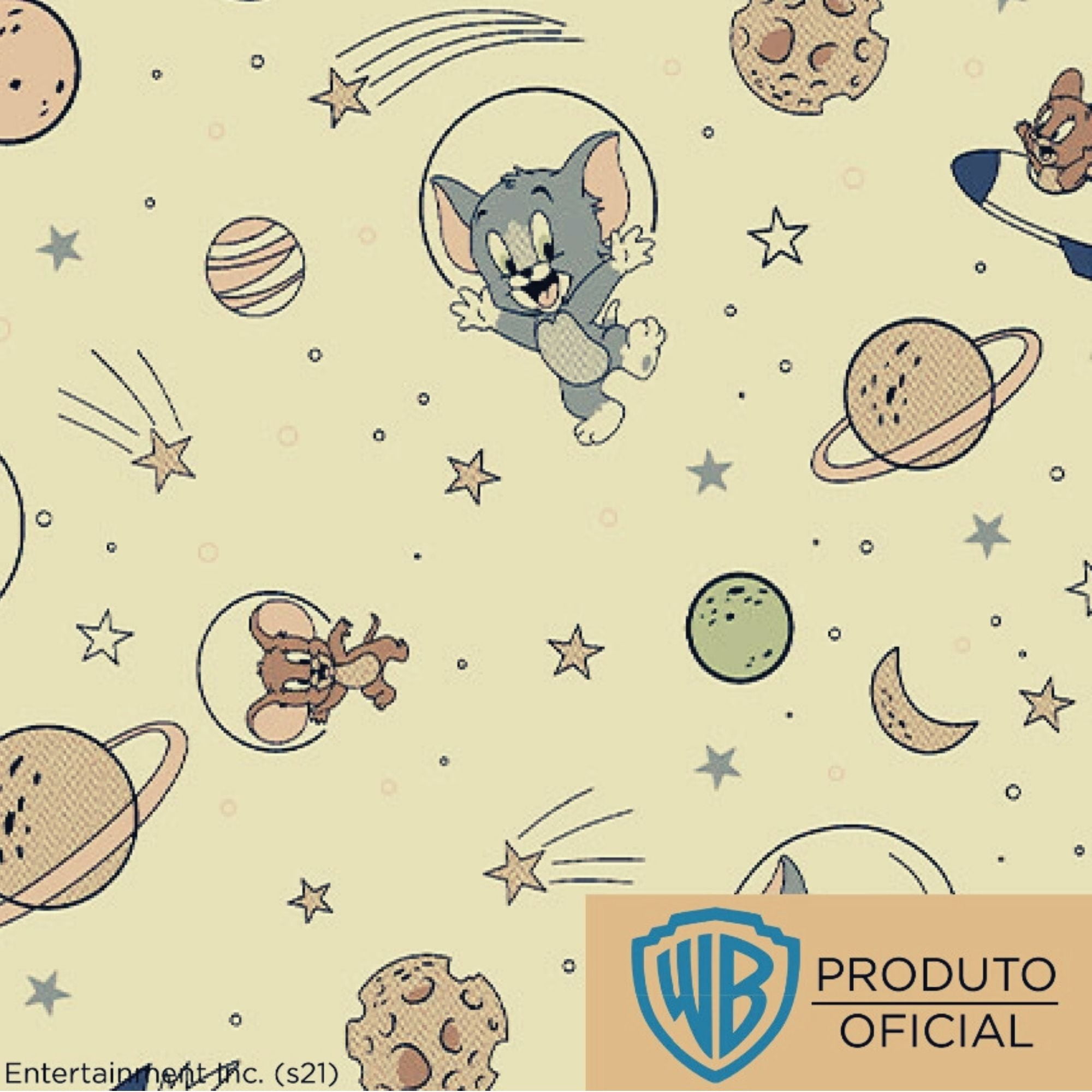Tecido Tricoline Tom e Jerry Planetas - Fundo Bege - Coleção Warner Bros