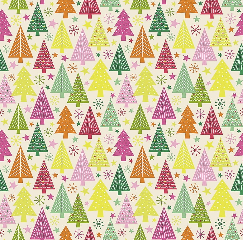Tecido Tricoline Árvores de Natal Coloridas - Fundo Branco - Coleção Natal Candy Christmas 