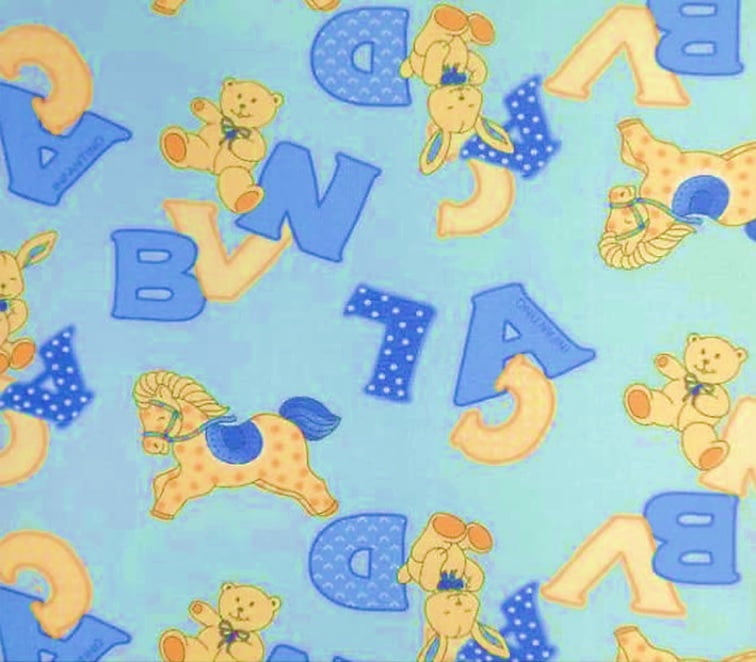 Tecido Tricoline Bichinhos e Letras - Fundo Azul Bebê