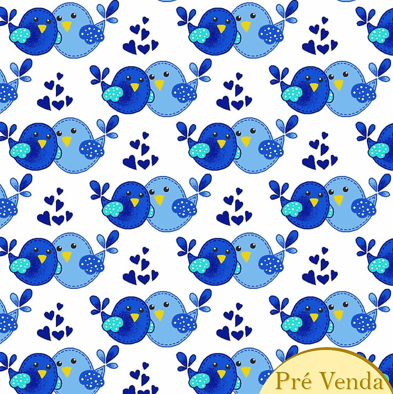Tecido Tricoline Blue Brothers Bird - Fundo Branco - Coleção Birdies  