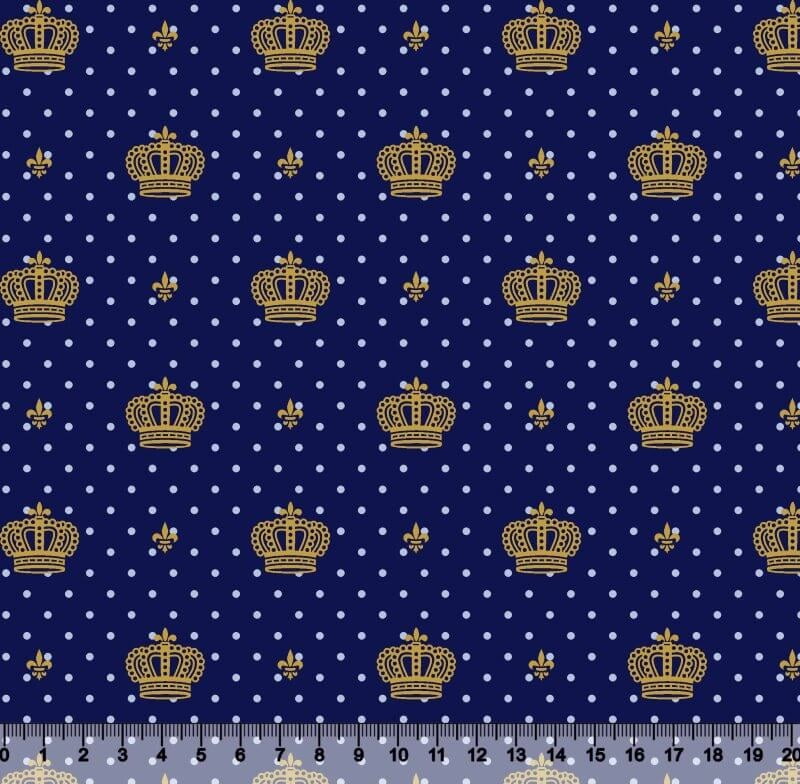 Tecido Tricoline Coroa Dourada com Poá Azul Claro - Fundo Azul Marinho 