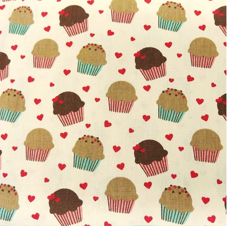 Tecido Tricoline Cupcake e Mini Corações - Fundo Creme - Preço de 50 cm x 150 cm