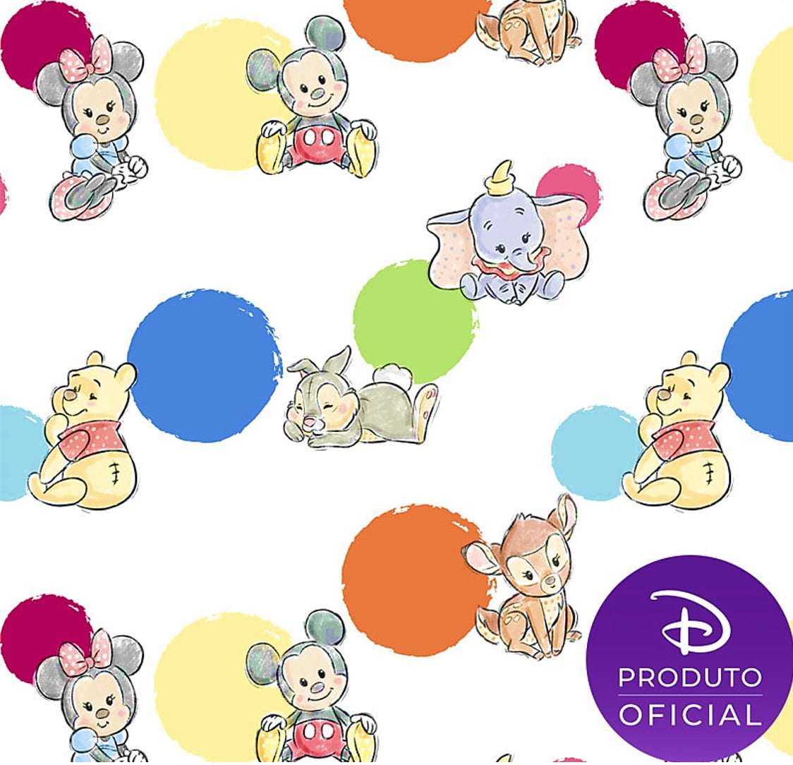 Tecido Tricoline Digital Baby Mickey, Minnie, Bamby, Ursinho Pooh, Dumbo e Abel - Fundo Branco - Coleção Disney Digital  