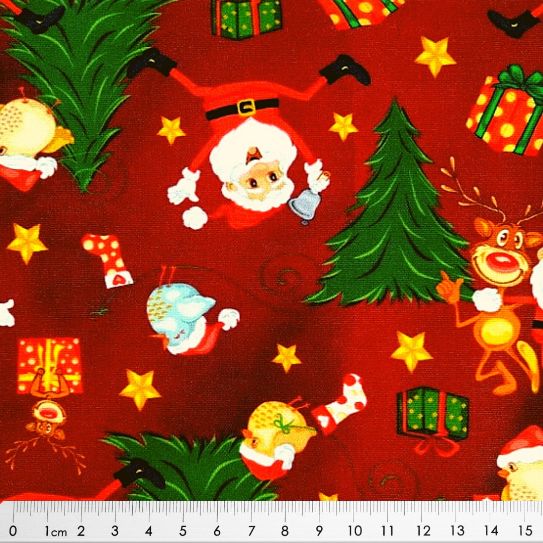 Tecido Tricoline Digital de Papai Noel e Árvore de Natal - Fundo Vinho -  Coleção de Natal - ASA TECIDOS LTDA