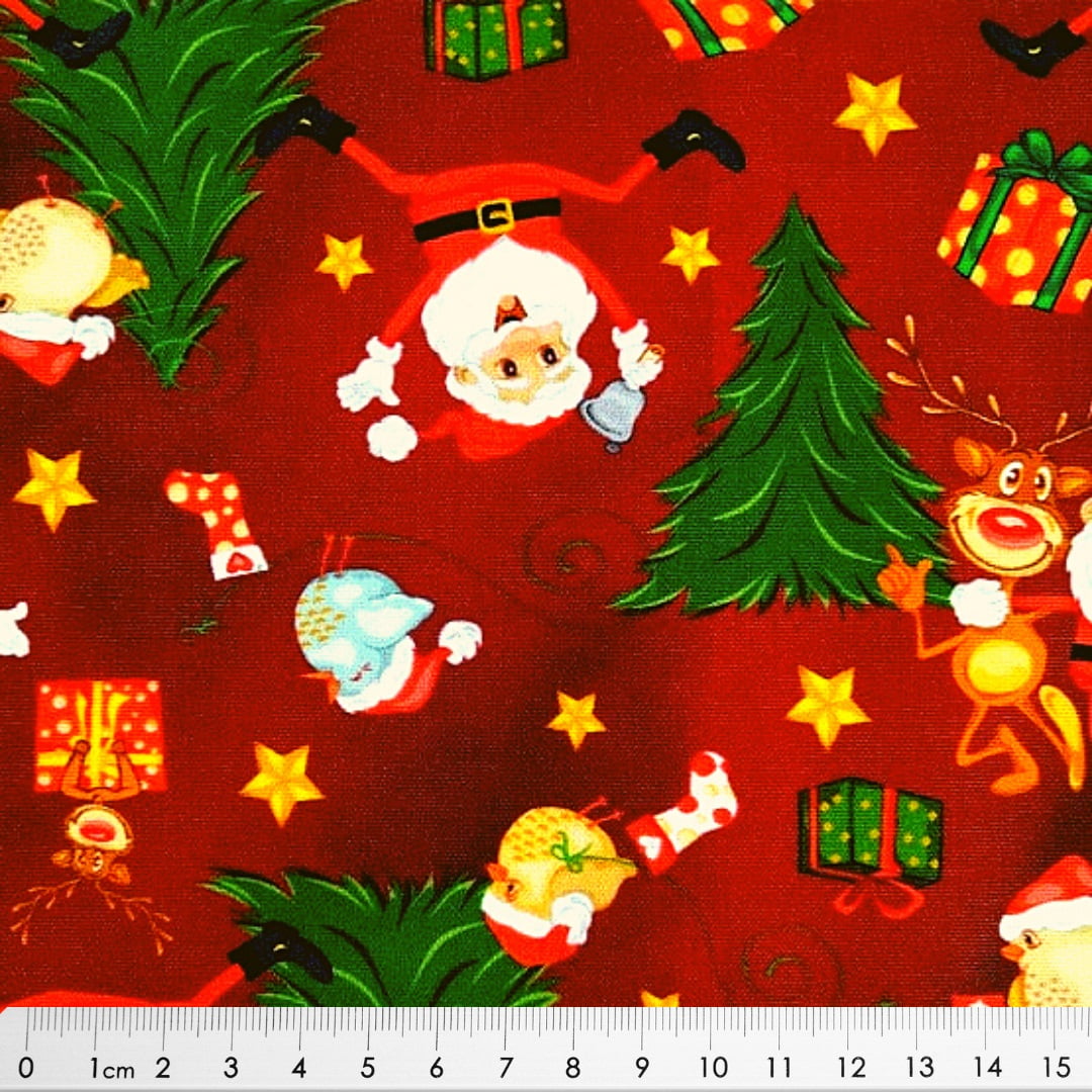 Tecido Estampado - Papai Noel fundo Xadrez Vermelho Cor 01 - Des