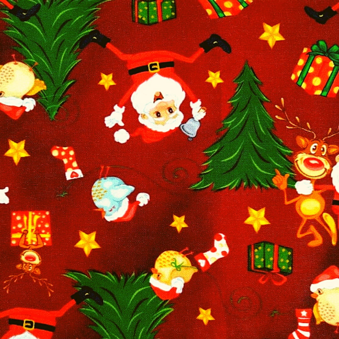 Tecido Tricoline Digital de Papai Noel e Árvore de Natal - Fundo Vinho - Coleção de Natal