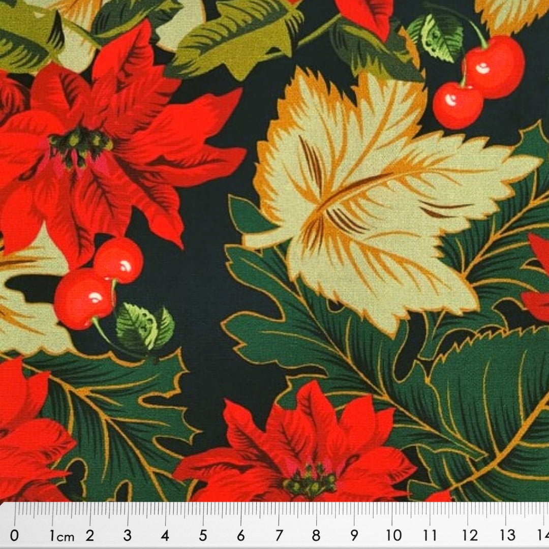 Tecido Tricoline Digital de Flores de Natal Poinsétia e Cerejas - Fundo  Preto - Coleção de Natal - ASA TECIDOS LTDA