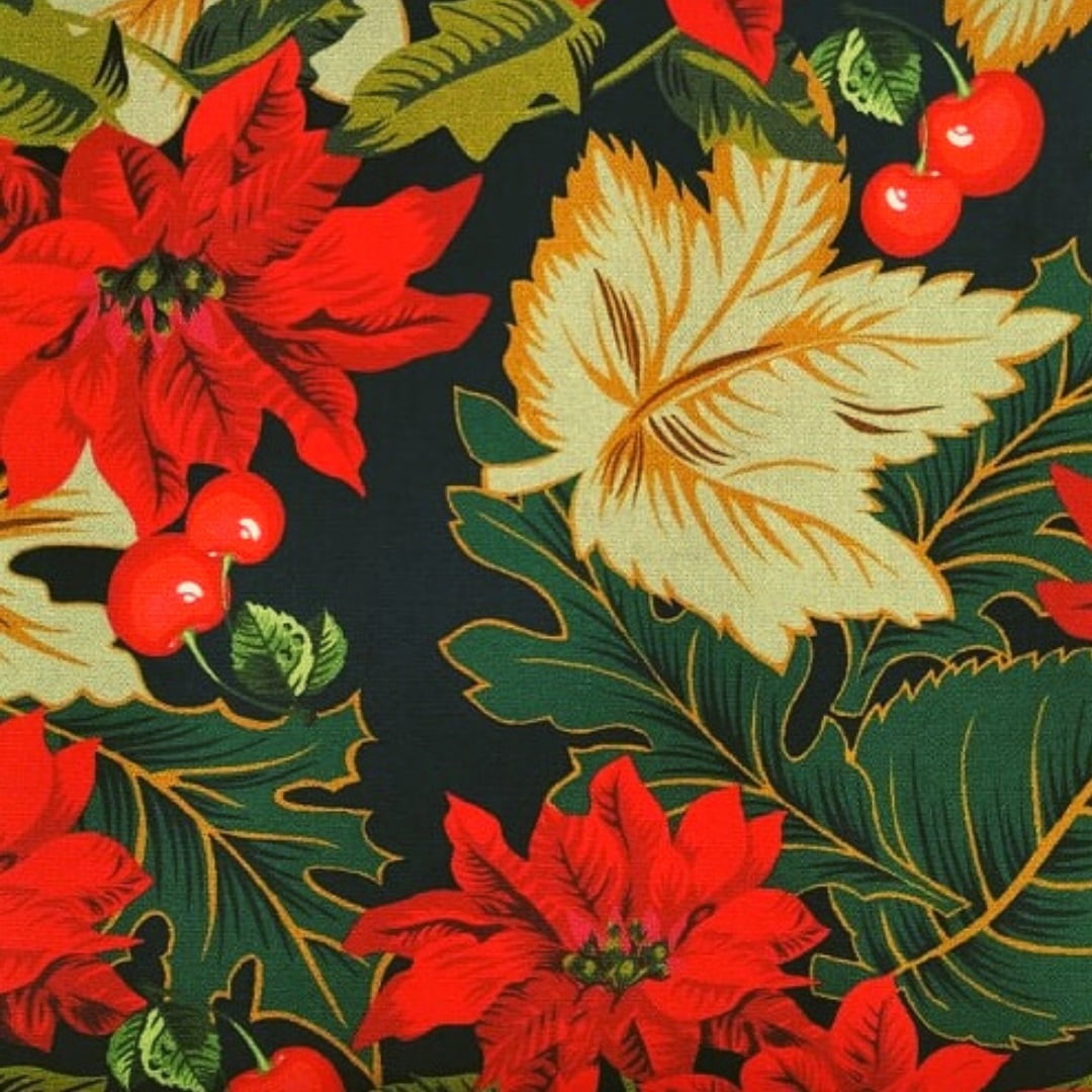 Tecido Tricoline Digital de Flores de Natal Poinsétia e Cerejas - Fundo Preto - Coleção de Natal