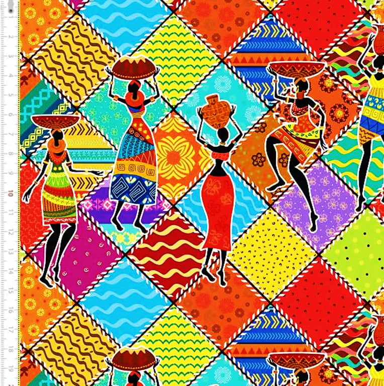 Tecido Tricoline Digital Estampado Africanas - Fundo Colorido 