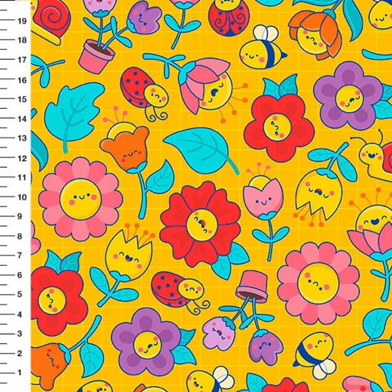 Tecido Tricoline Digital Floral Cute Meia Tigela - Fundo Amarelo