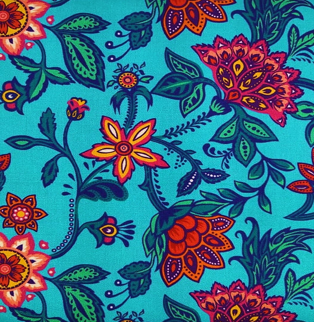 Tecido Tricoline Digital Floral - Fundo Azul Claro