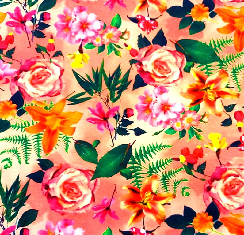 Tecido Tricoline Digital Floral - Fundo Rosa Salmão