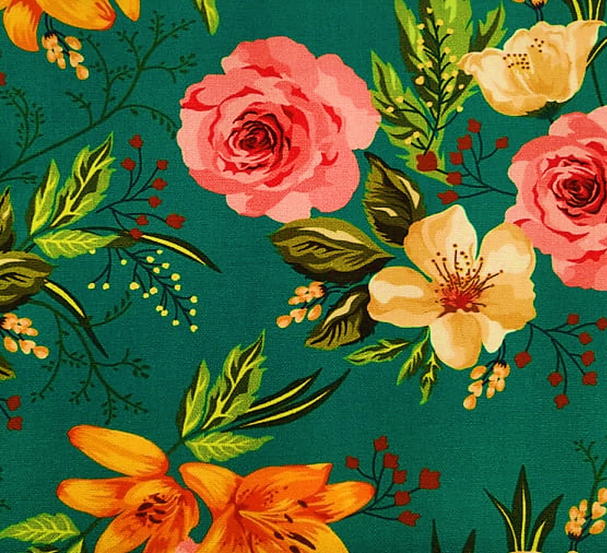 Tecido Tricoline Digital Floral - Fundo Verde Esmeralda