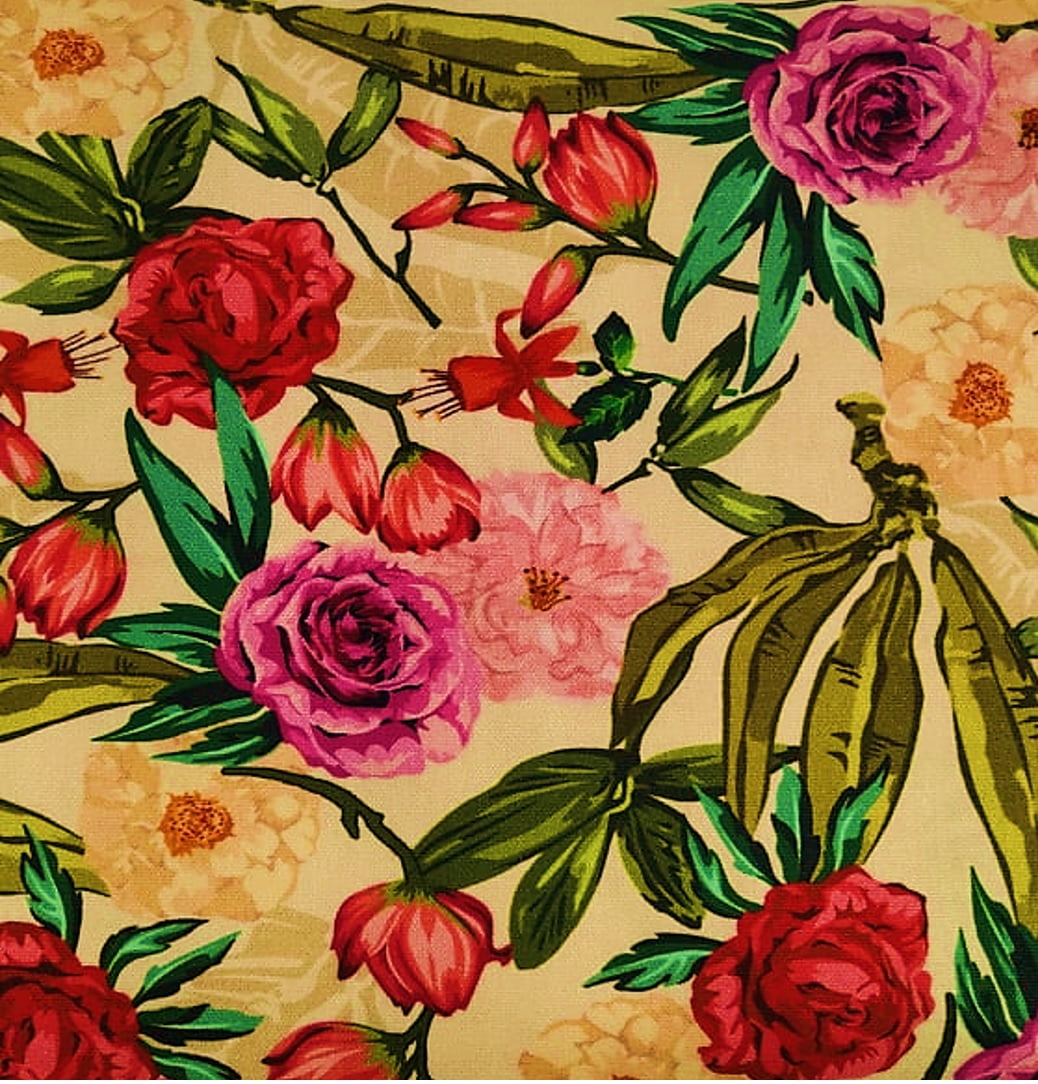 Tecido Tricoline Digital Floral Rosas - Fundo Creme