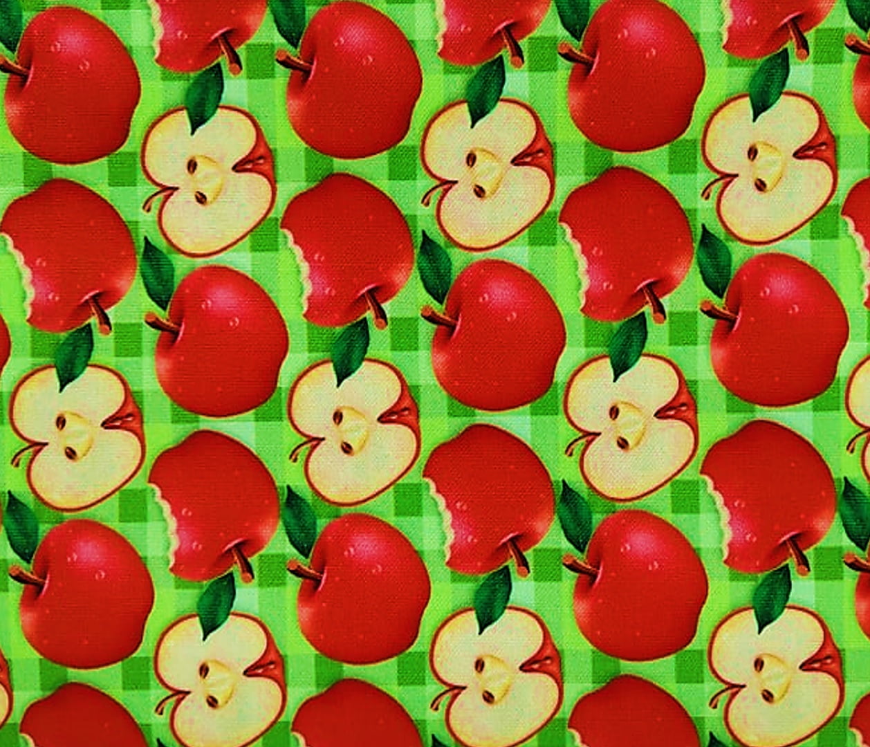 Tecido Tricoline Digital Maçãs - Fundo Xadrez Verde Limão - Preço de 50 cm x 148 cm 