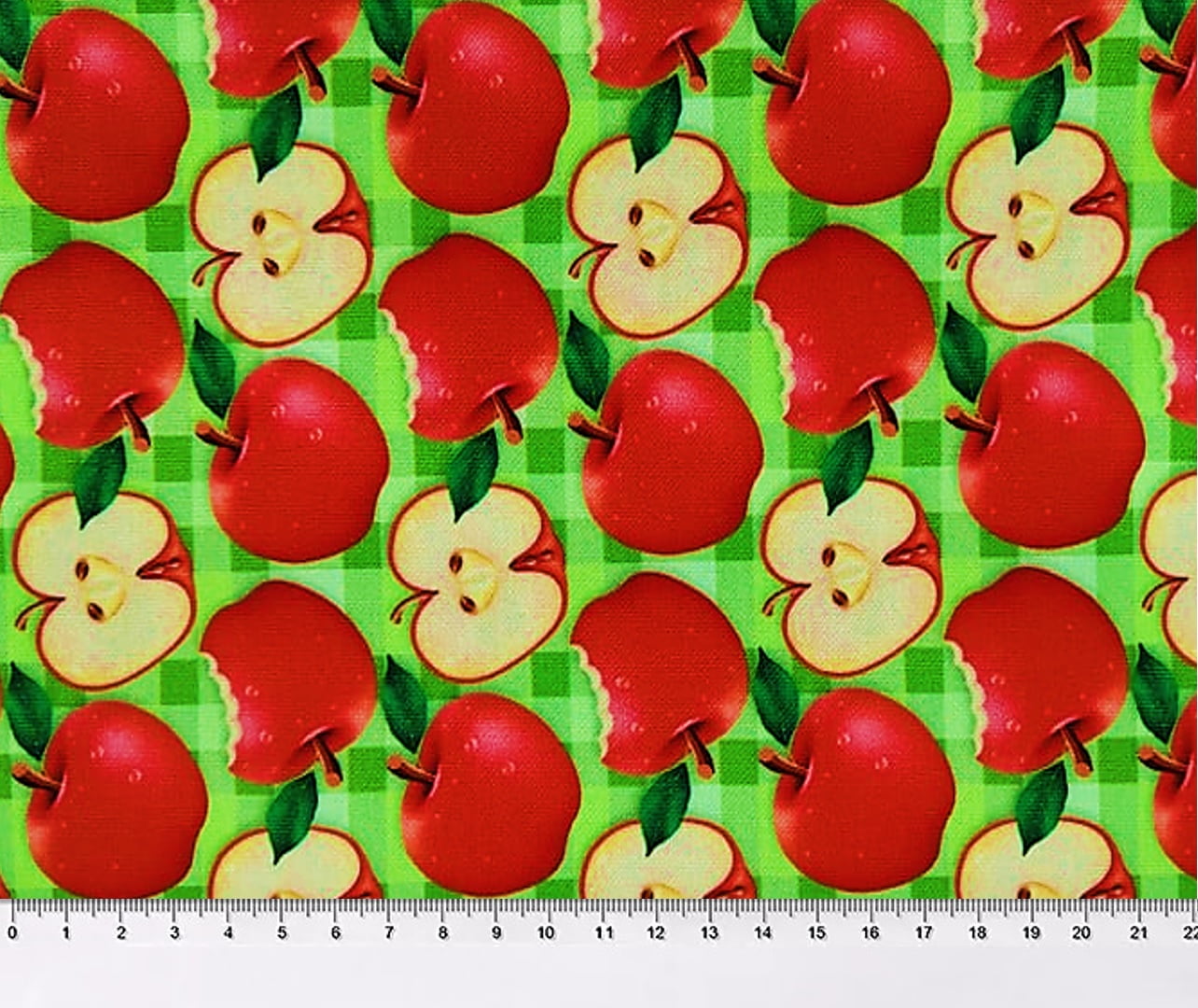 Tecido Tricoline Digital Maçãs - Fundo Xadrez Verde Limão - Preço de 50 cm  x 148 cm - ASA TECIDOS LTDA