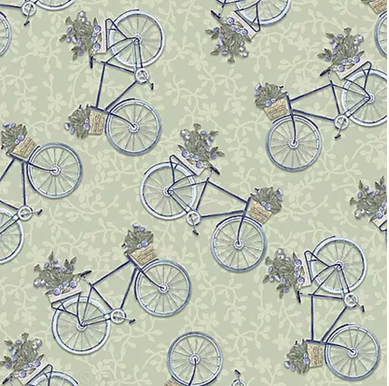 Tecido Tricoline Digital Mini Bicicletas - Fundo Verde Menta - Coleção Fim de Ano 