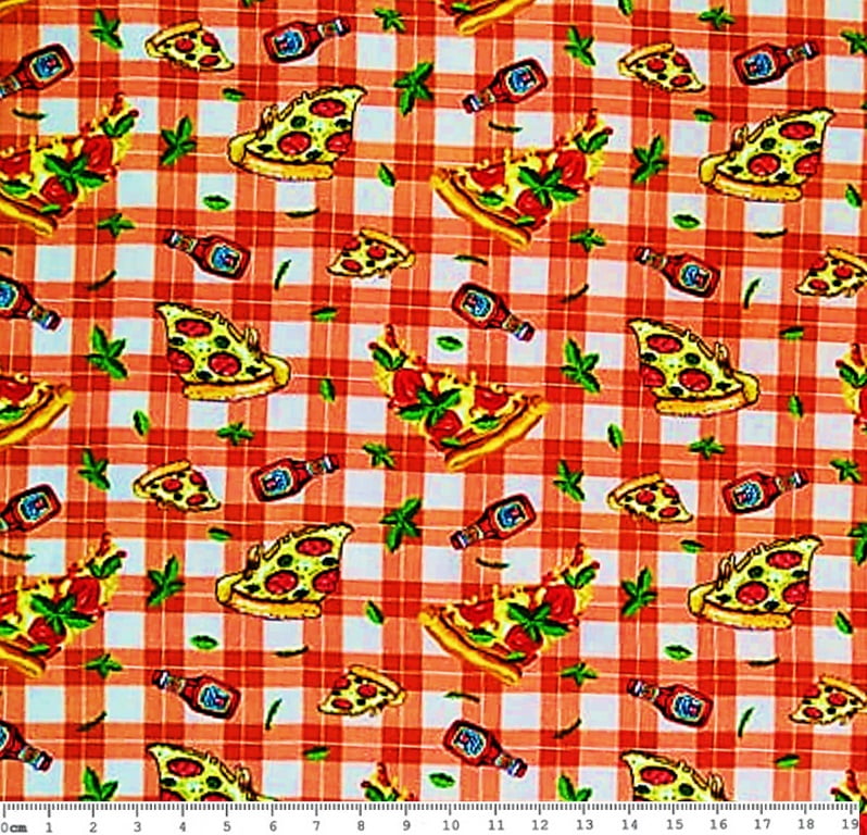 Tricoline Digital - Coleção Fast Food - Pizza - Fundo Xadrez Preto - 0,50 M  X 1,50M