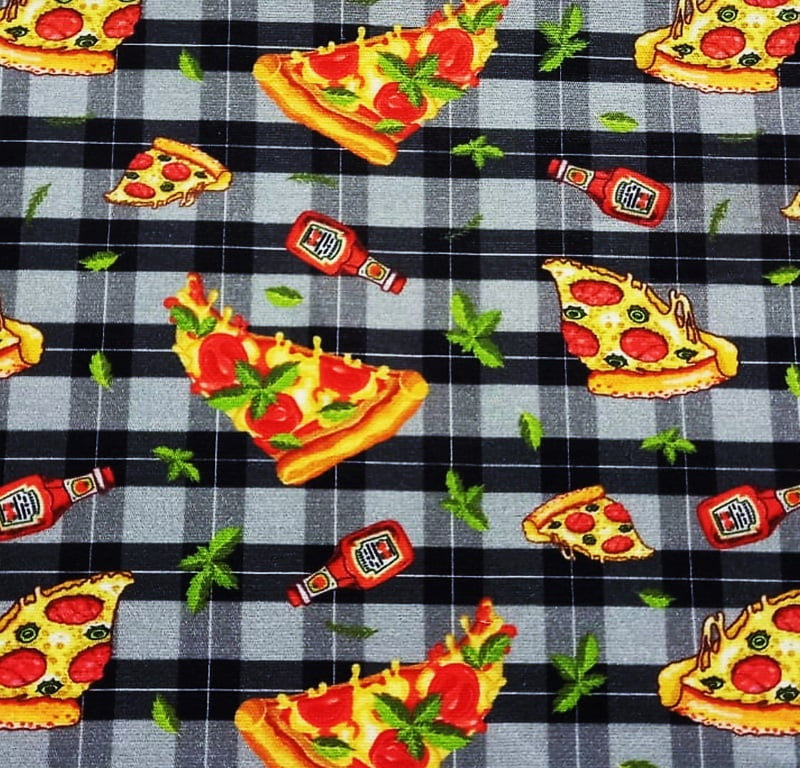 Tecido Tricoline Digital Pizzas e Ketchups - Fundo Xadrez Preto