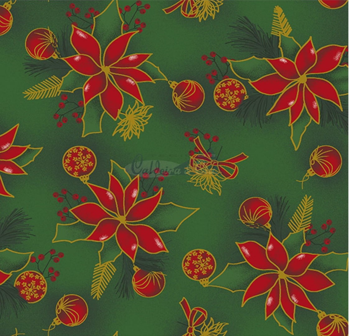 Tecido Tricoline Floral Poinsétia - Fundo Verde - Coleção Natal Gold