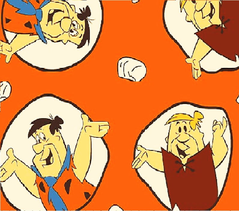 Tecido Tricoline Fred e Barney - Fundo Laranja - Os Flintstones - Coleção Warner Bros