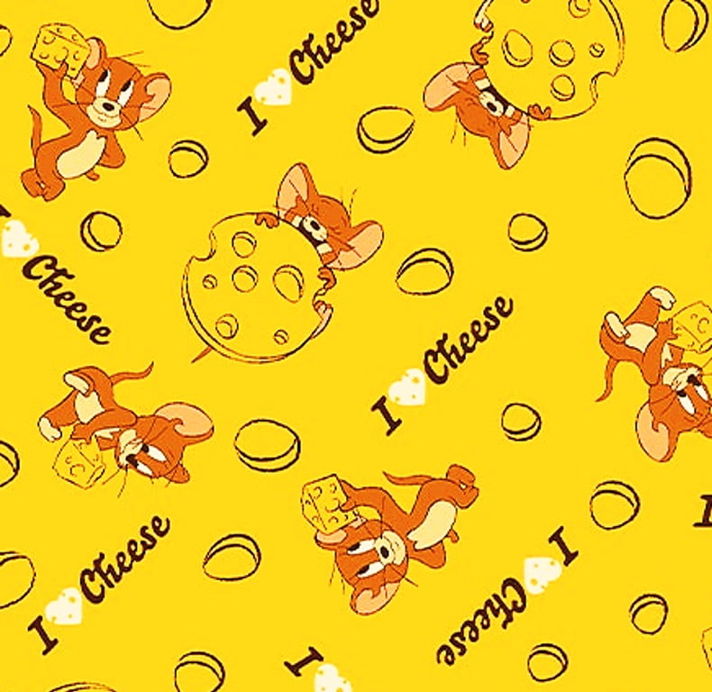 Tecido Tricoline Jerry -I Love Cheese - Fundo Amarelo - Coleção Warner Bros 