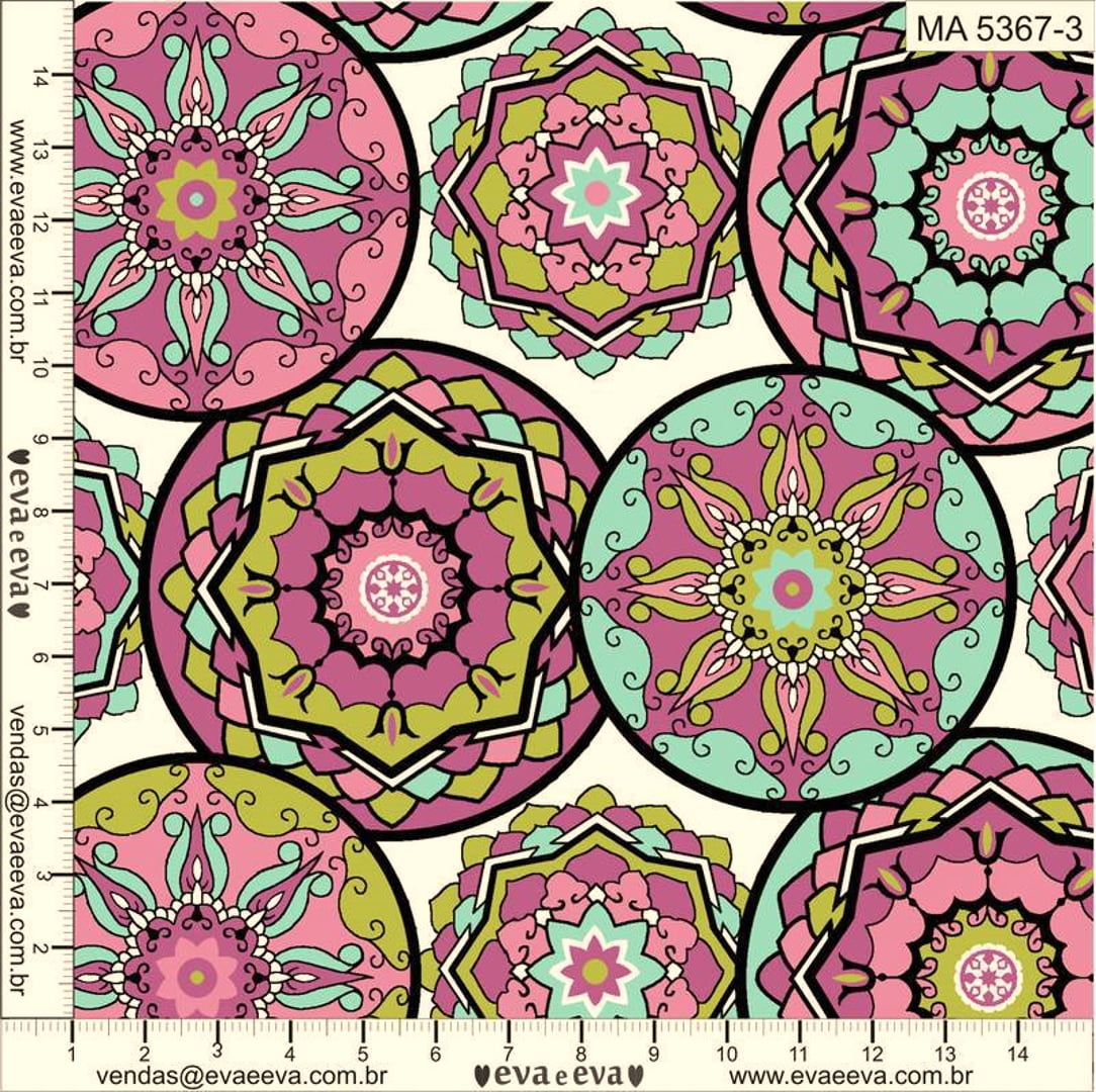 Tecido Tricoline Mandalas Roxas - Fundo Branco - Coleção Mandalay