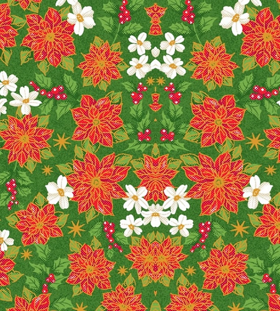 Tecido Tricoline Mini Flores Natalinas - Fundo Verde