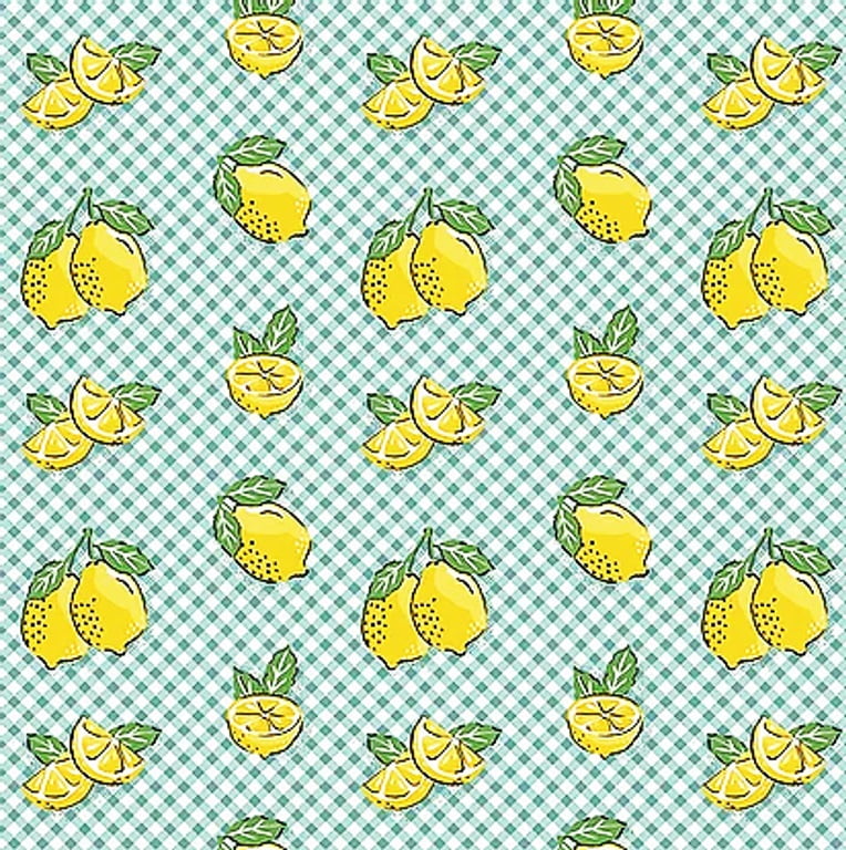 Tecido Tricoline Mini Limões - Fundo Xadrez Azul - Coleção Frutas   