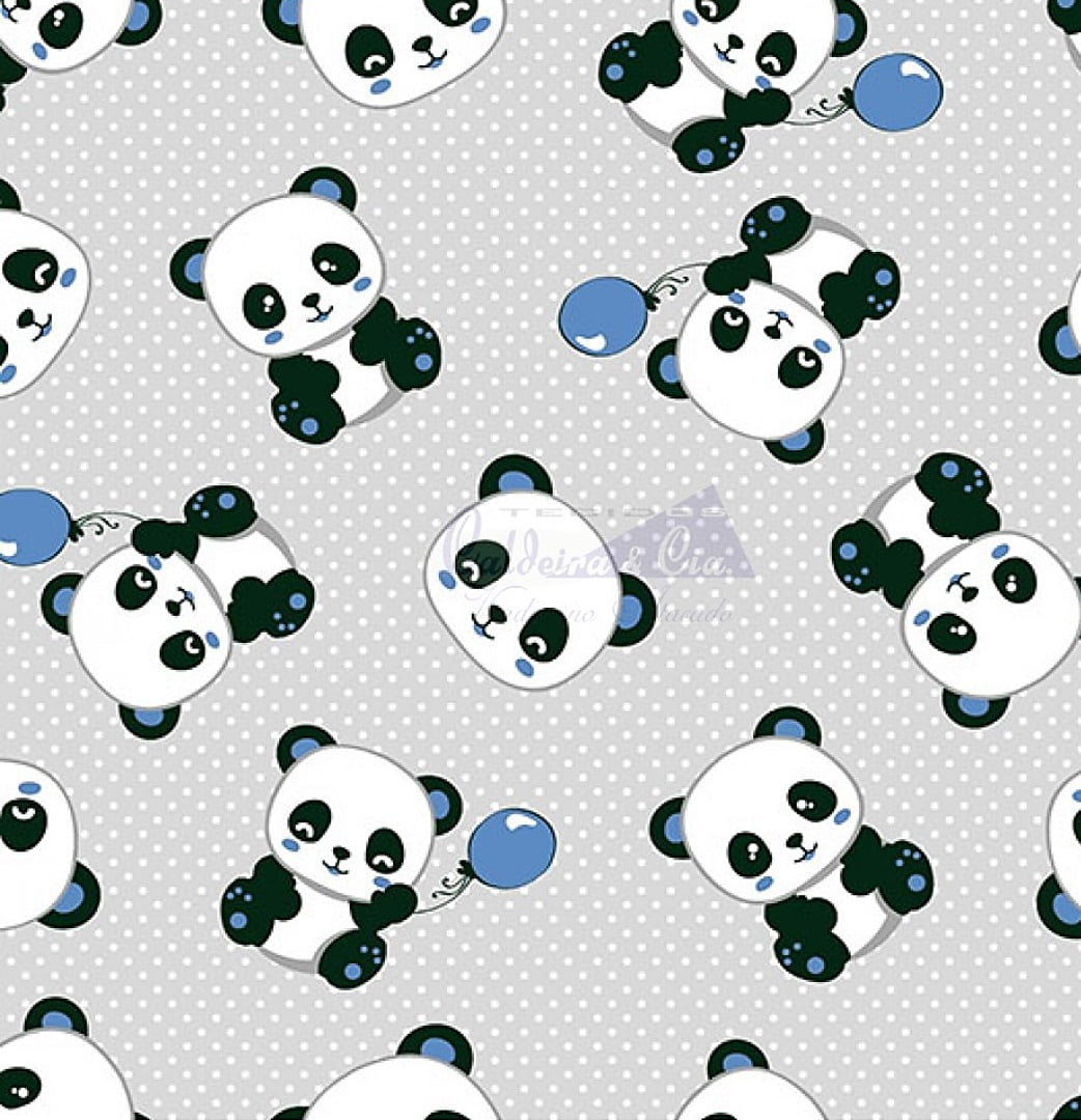 Tecido Tricoline Pandas Azul - Fundo  Cinza com Micro Poá Branco