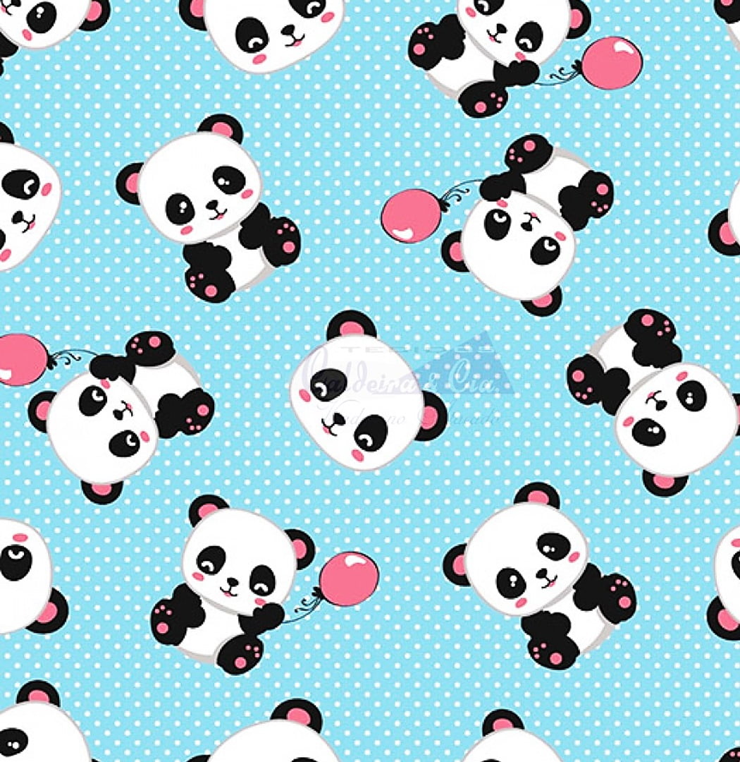 Tecido Tricoline Pandas Rosa - Fundo Azul Bebê com Micro Poá Branco 
