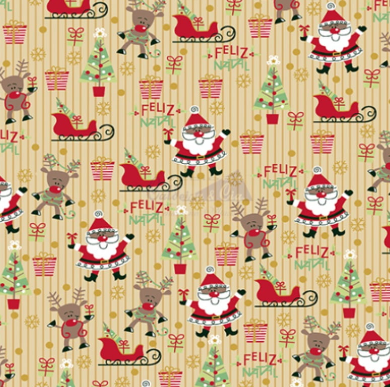 Tecido Tricoline Papai Noel e Árvore de Natal - Fundo Listrado Bege - Coleção Natal Gold