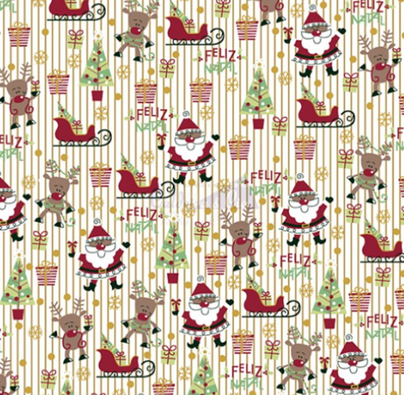 Tecido Tricoline Papai Noel e Árvore de Natal - Fundo Listrado Branco - Coleção Natal Gold 