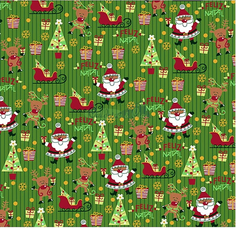 Tecido Tricoline Papai Noel e Árvore de Natal - Fundo Listrado Verde -  Coleção Natal Gold - ASA TECIDOS LTDA