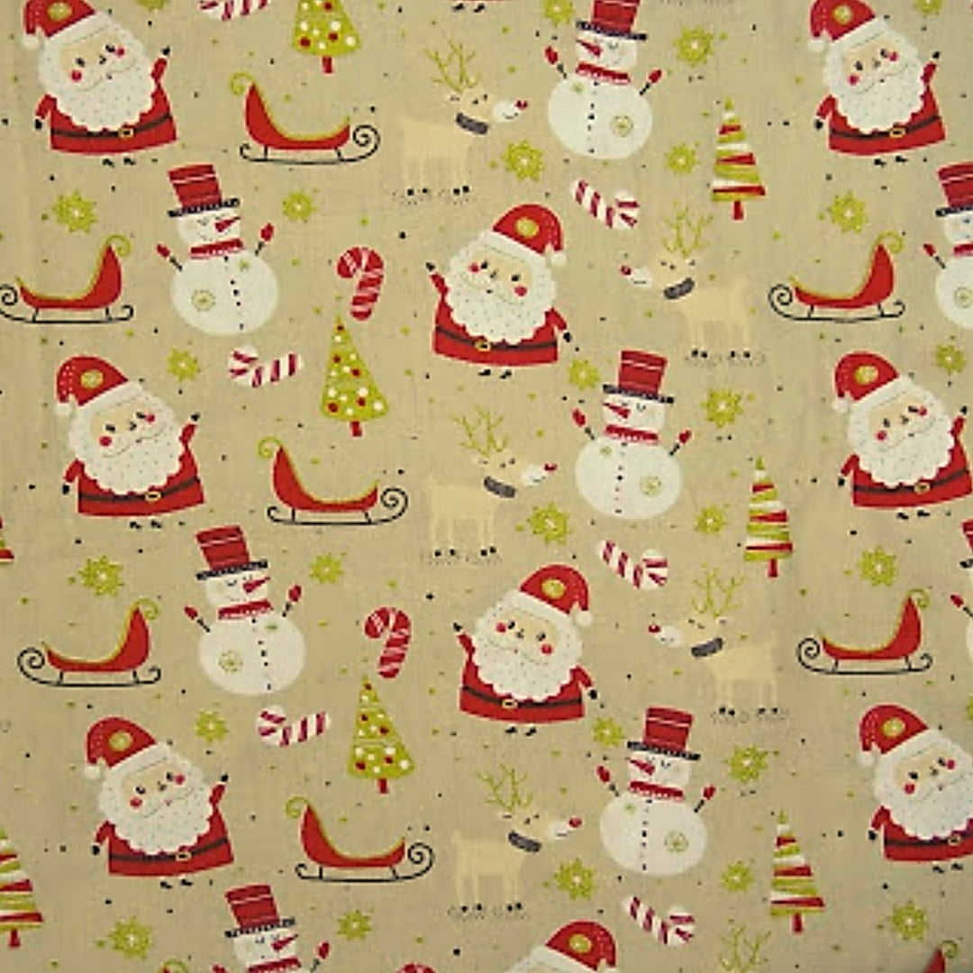 Tecido Tricoline Papai Noel e Decorações Natalinas - Fundo Bege - Coleção de Natal
