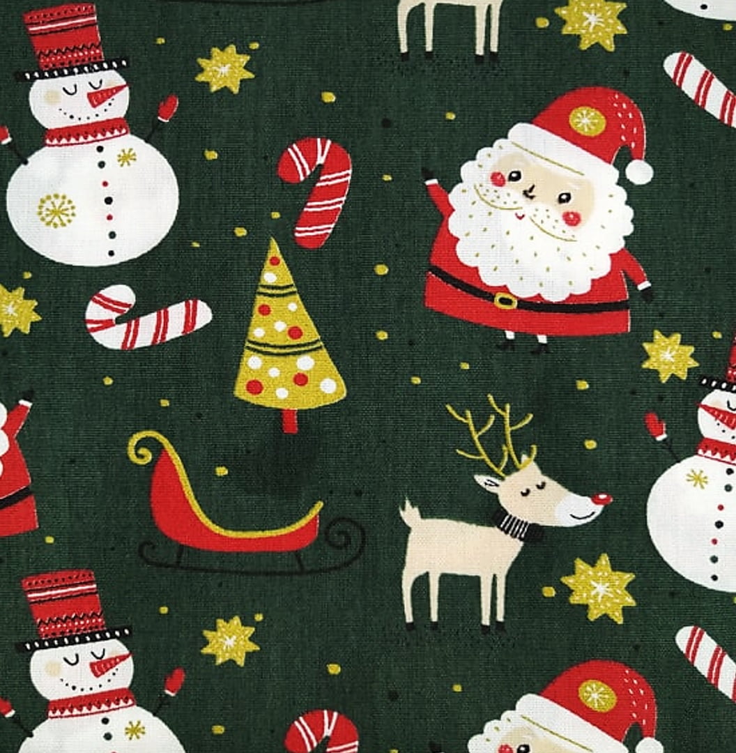 Tecido Tricoline Papai Noel e Decorações Natalinas - Fundo Verde - Coleção de Natal