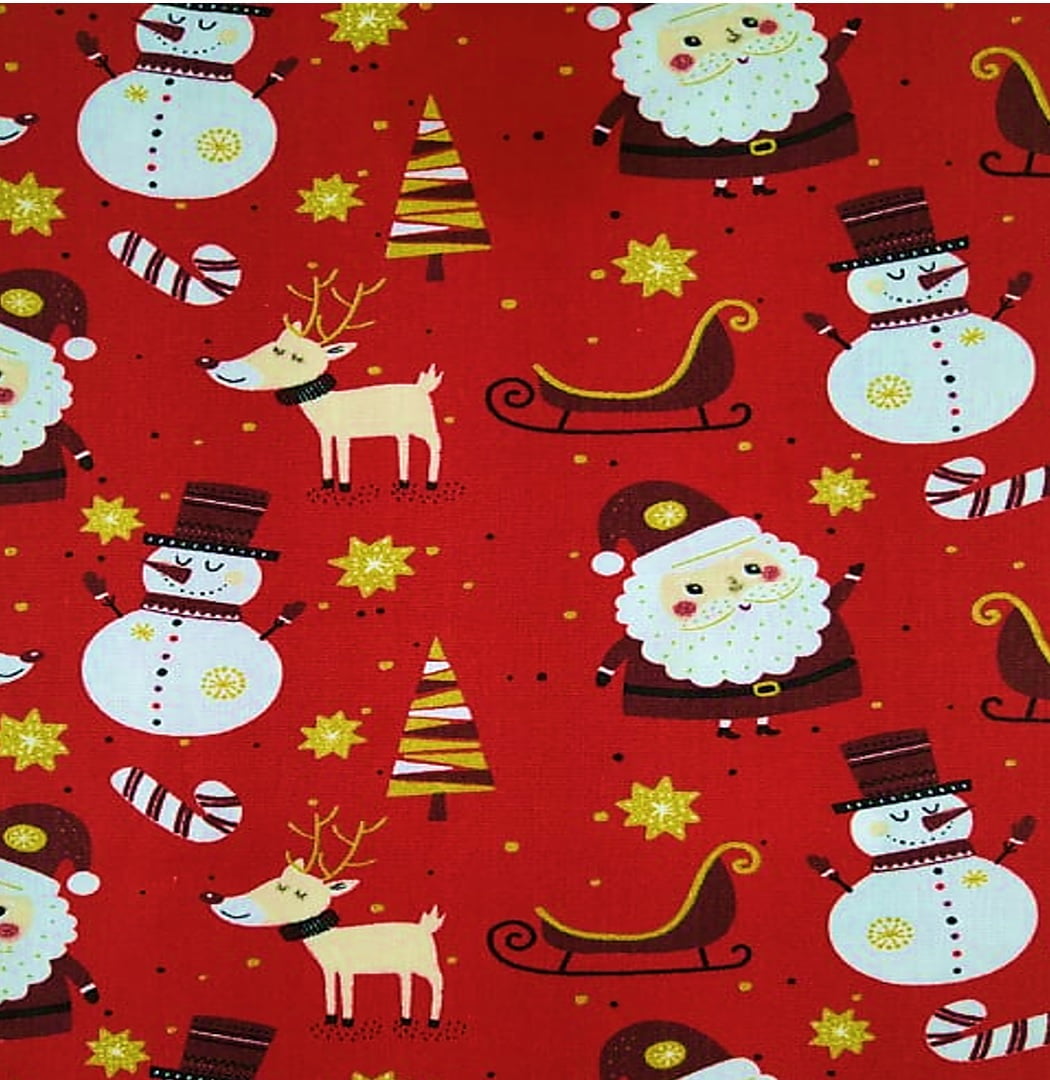 Tecido Tricoline Papai Noel e Decorações Natalinas - Fundo Vermelho - Coleção de Natal