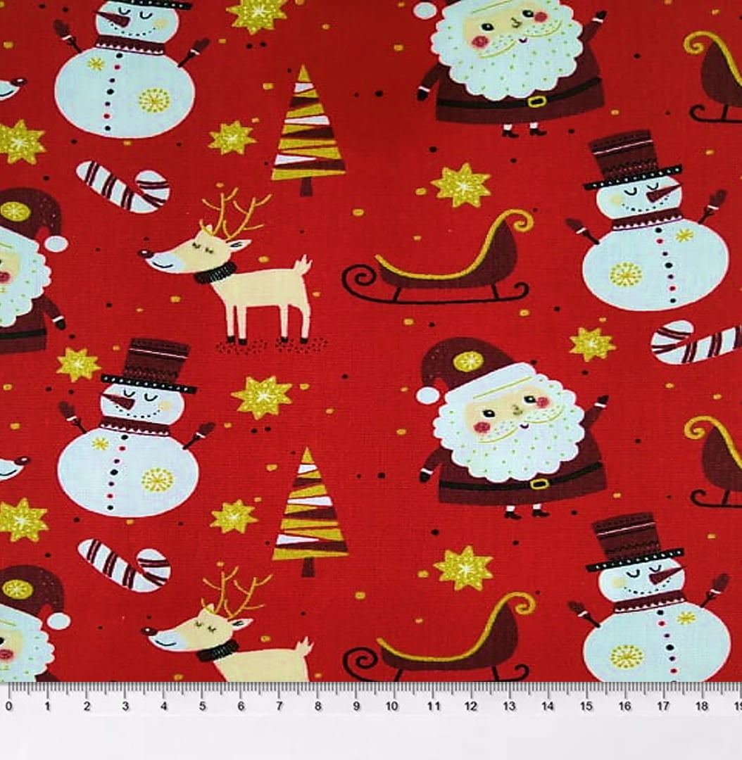 Tecido Estampado - Papai Noel fundo Xadrez Vermelho Cor 01 - Des