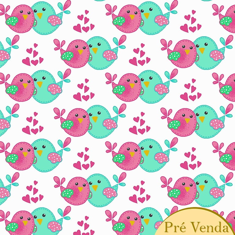 Tecido Tricoline Pink Sisters Bird - Fundo Branco - Coleção Birdies  