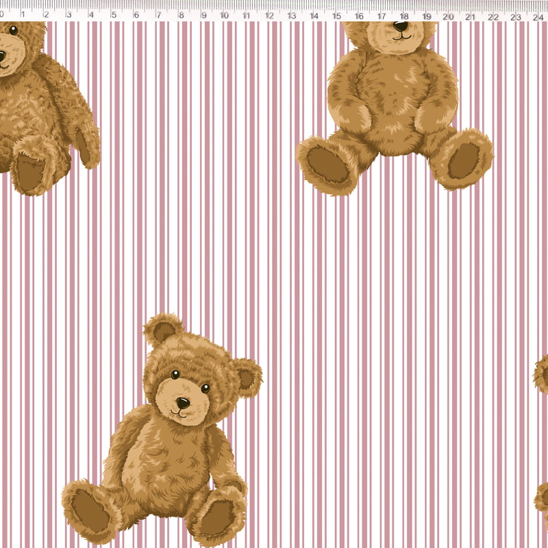 Tecido Tricoline Urso com Listras Rosê - Fundo Branco - Coleção Teddy Bear